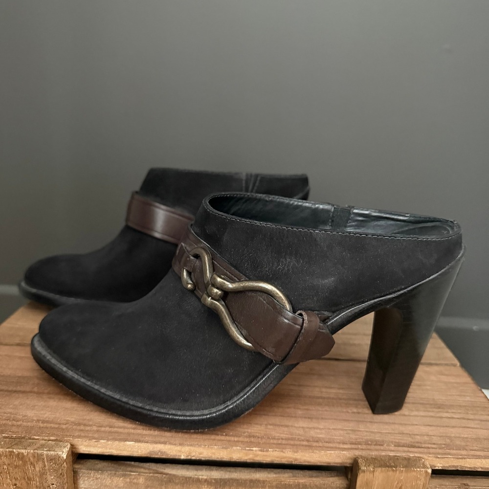 Cole Haan Nike Air Black Suede Mule Heels Brown Leather Strap Buckle Women 7.5 B